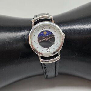 Vintage Moon Phase Ladies Watch W/ Leather Strap Quartz Analog Date Silver Case